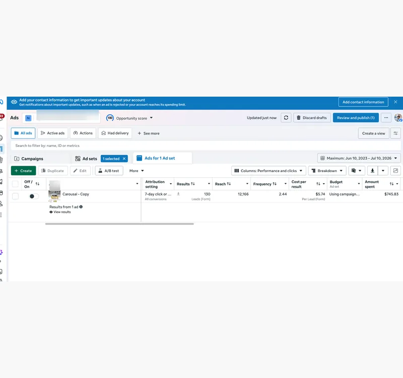 Meta advertising lead generation campaign showing 130 leads